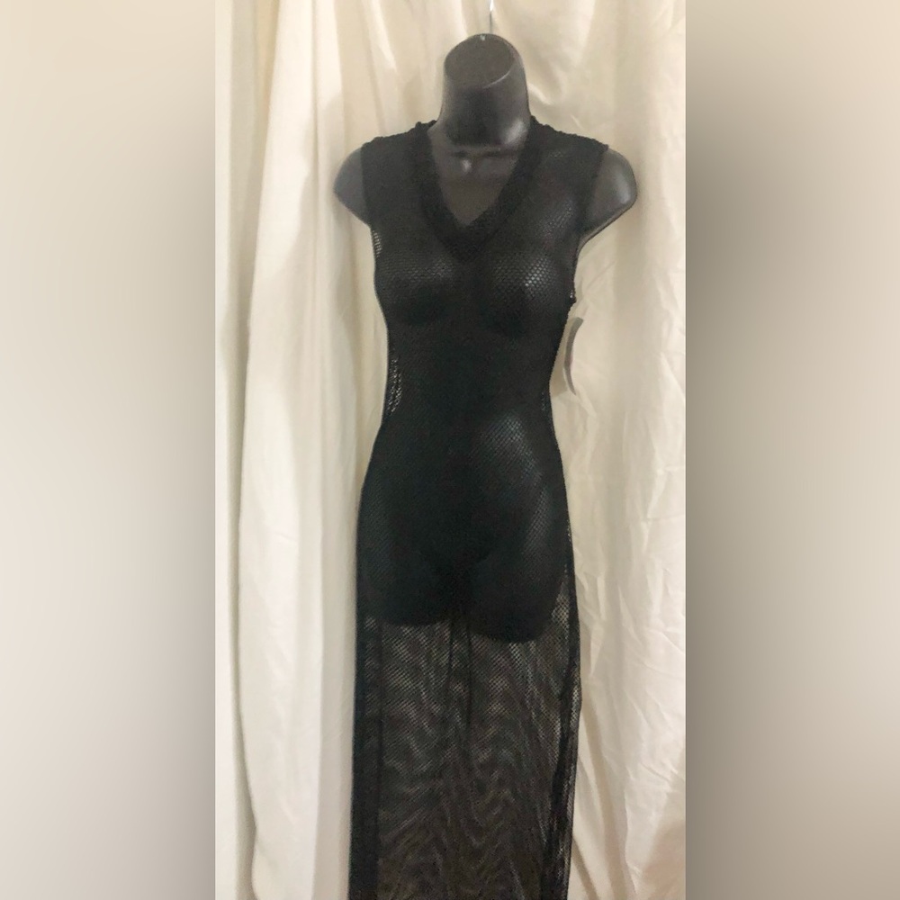 Black mesh net v-neck sleeveless beach cover up dress size medium brand‎ new